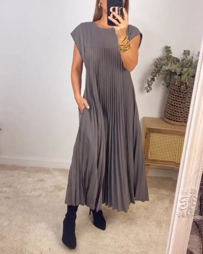 Women Pleated Simple Solid Color Dress