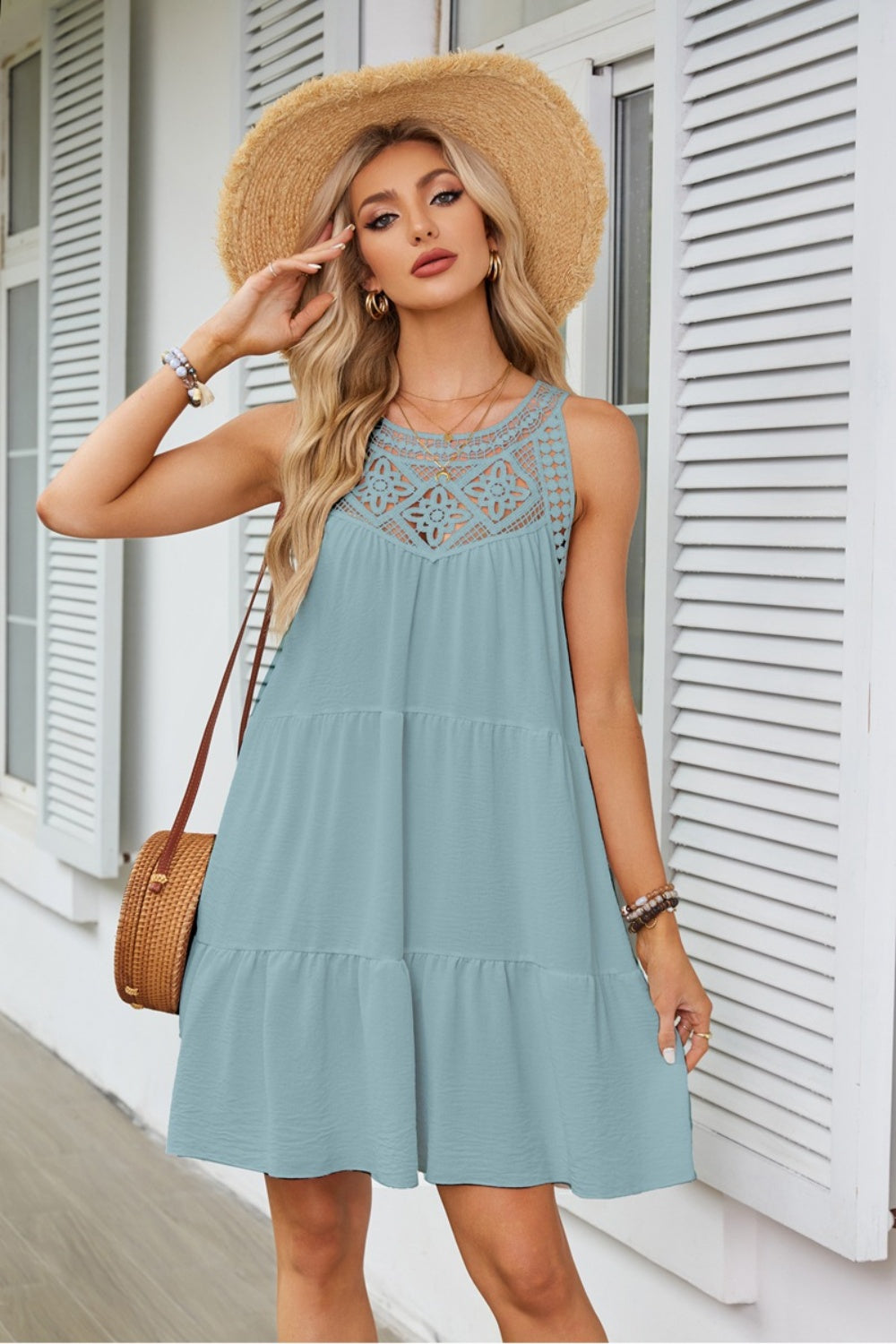 Kai Tiered Round Neck Sleeveless Mini Dress