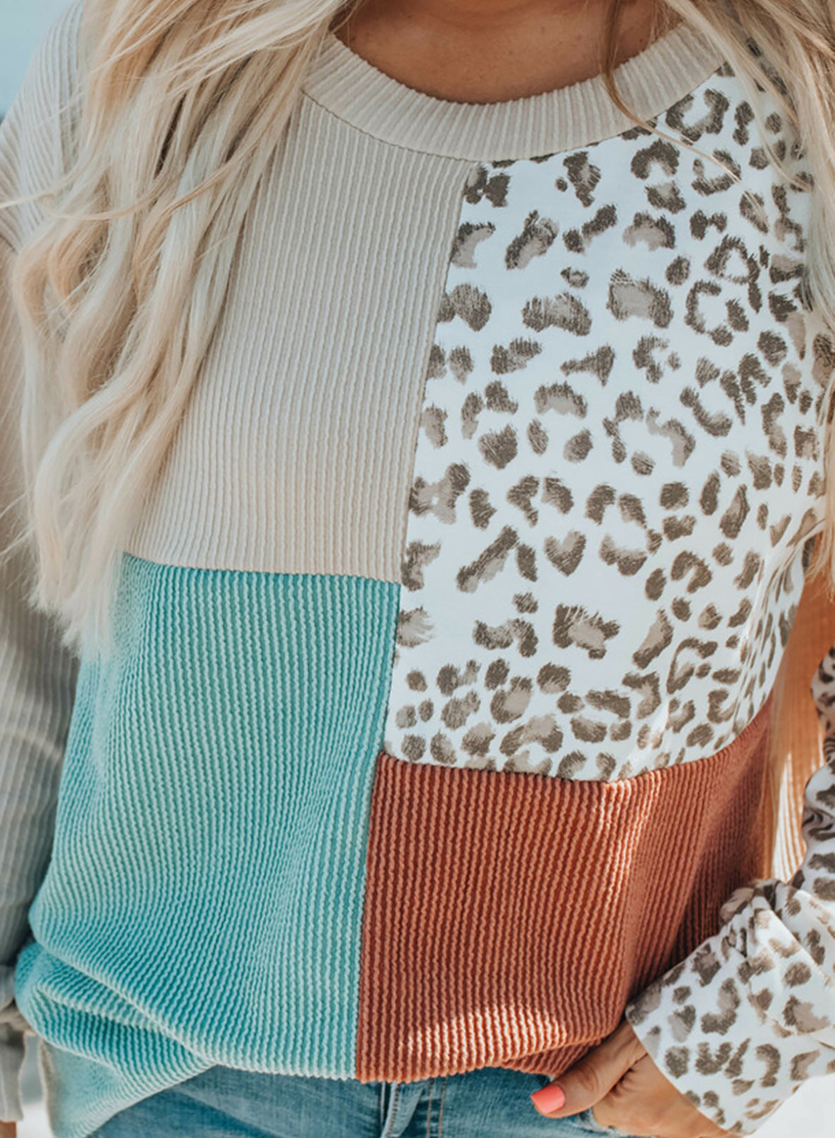 Leopard Patchwork Color Block Long Sleeve Top