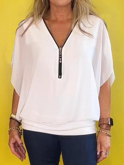 Top casual a maniche corte in chiffon con mezza zip