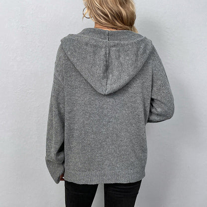 Hooded Drawstring Knit Cardigan