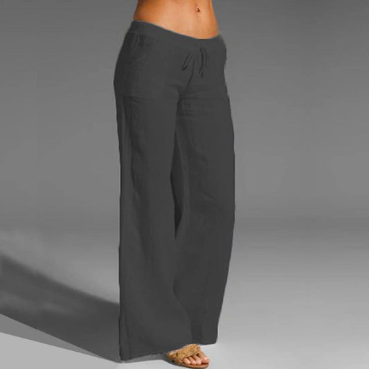 Ladies retro linen trousers casual elastic pants