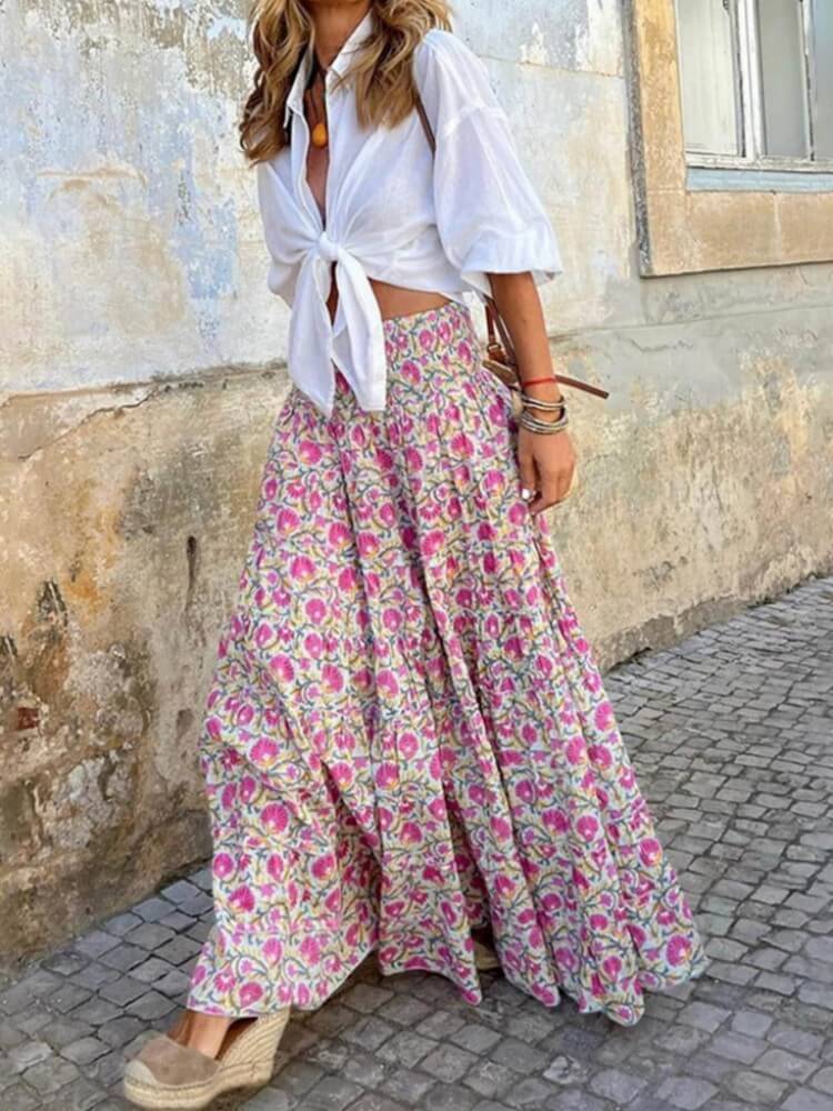 Falda larga boho con estampado floral de rosas