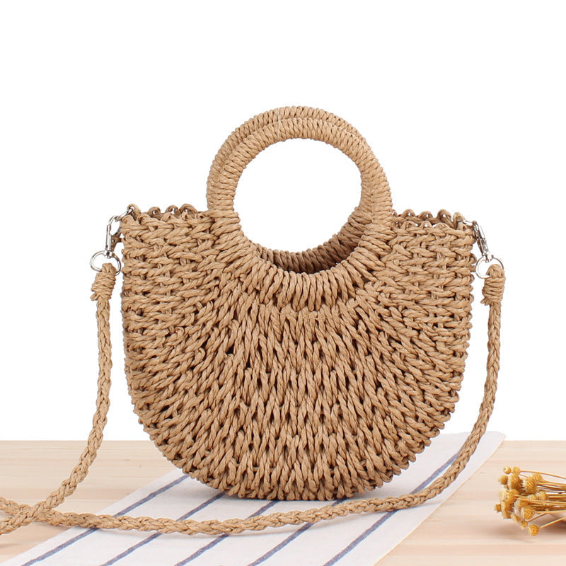 Borsa vintage con fibbia a moneta: corda di cotone intrecciata con manico rotondo in rattan e motivo a diamante cavo