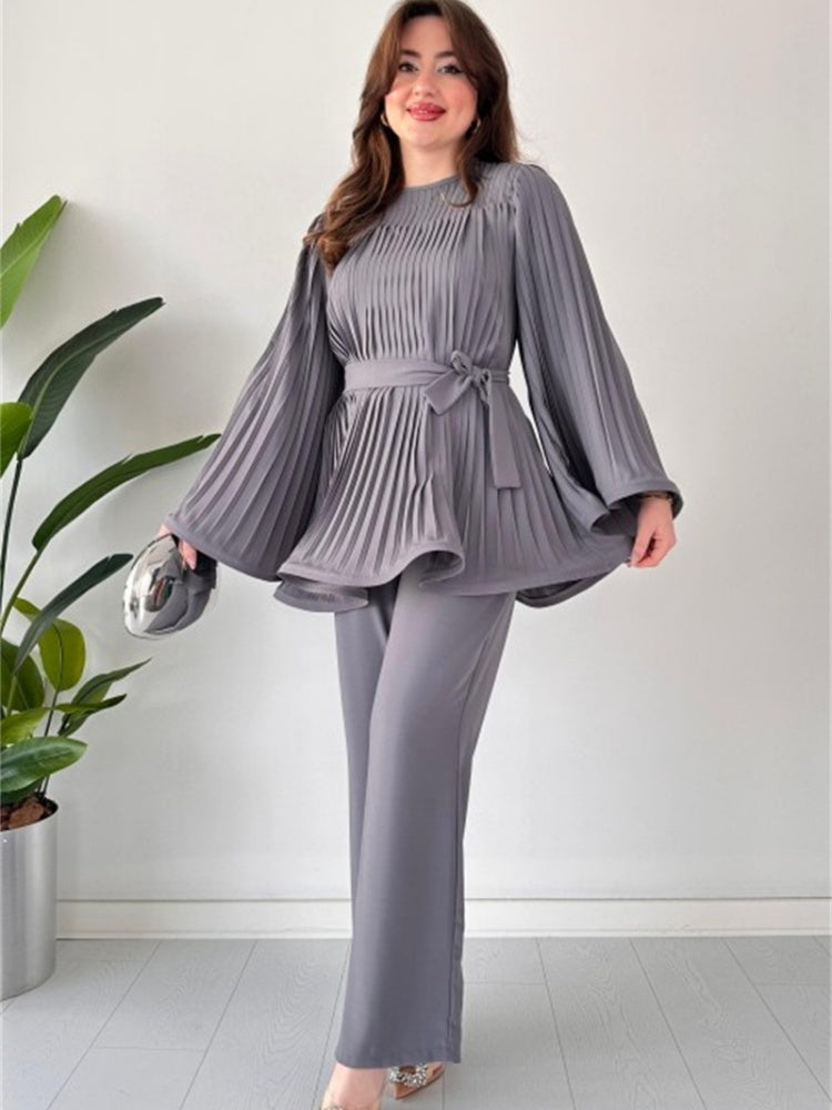 Pleated Flare Tops Pants Set