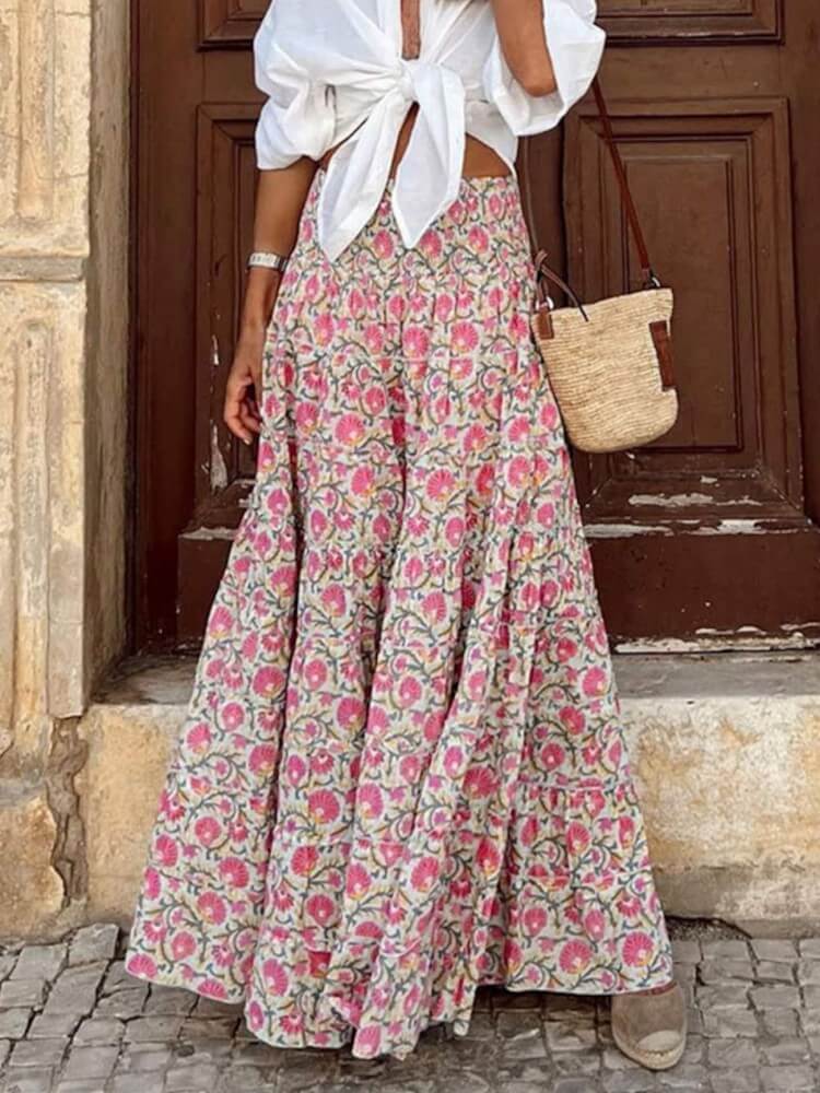 Gonna lunga Boho con stampa floreale rosa