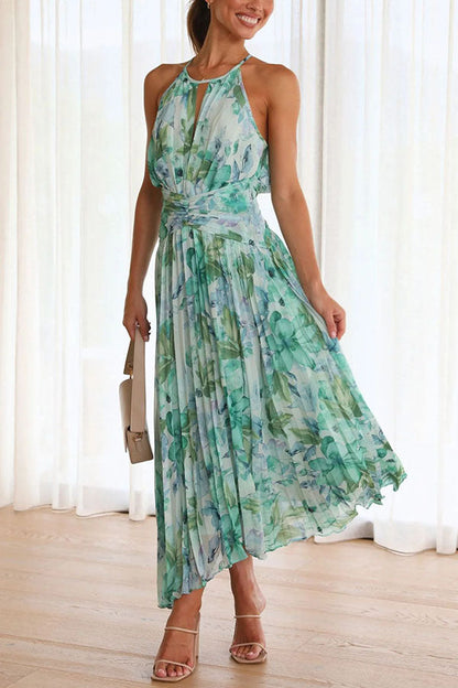 Abito maxi plissettato con scollo all'americana con stampa floreale acqua