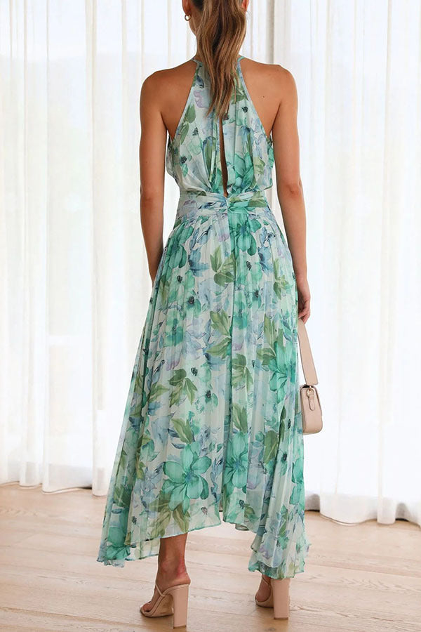 Abito maxi plissettato con scollo all'americana con stampa floreale acqua