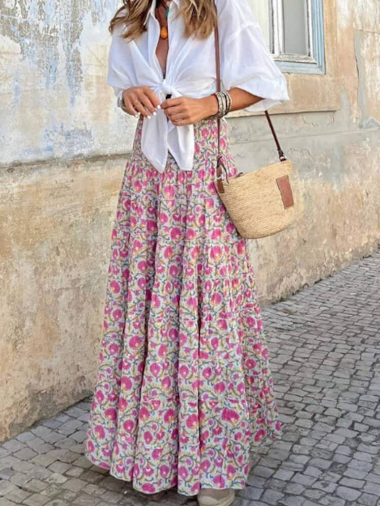 Rose Floral Print Boho Maxi Skirt