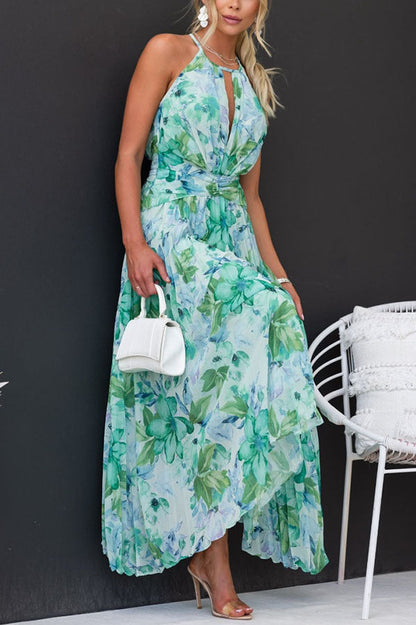 Abito maxi plissettato con scollo all'americana con stampa floreale acqua