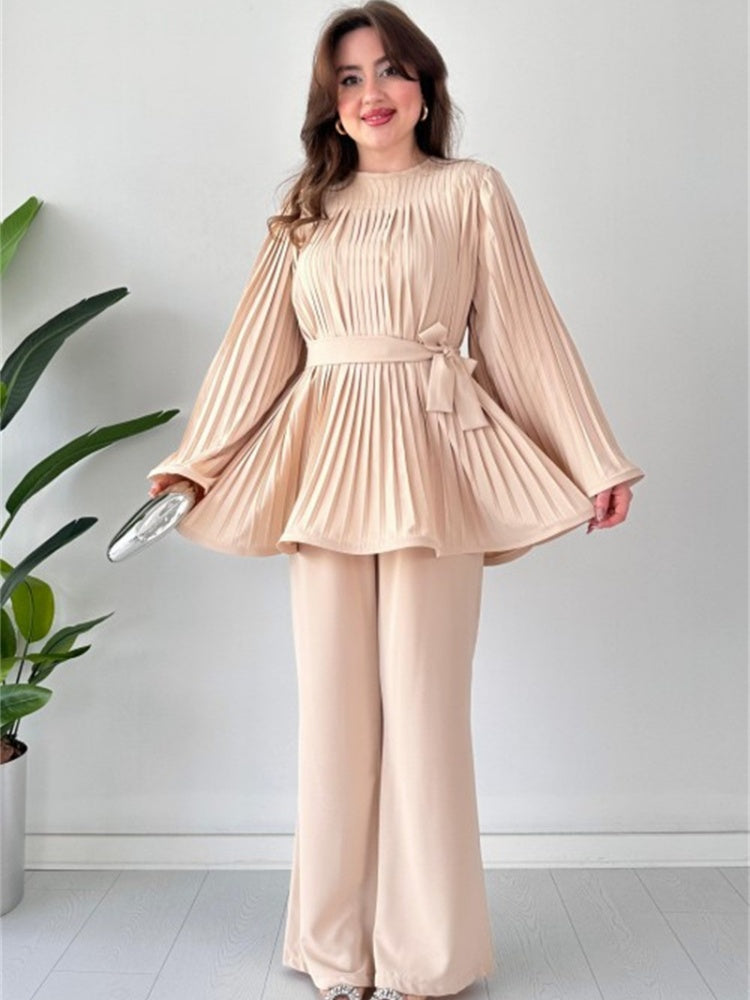 Pleated Flare Tops Pants Set