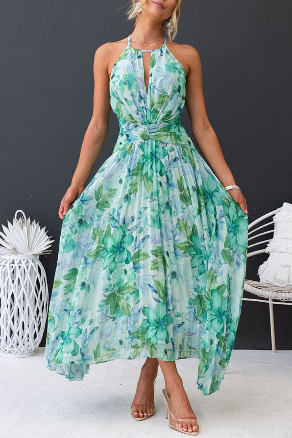 Abito maxi plissettato con scollo all'americana con stampa floreale acqua