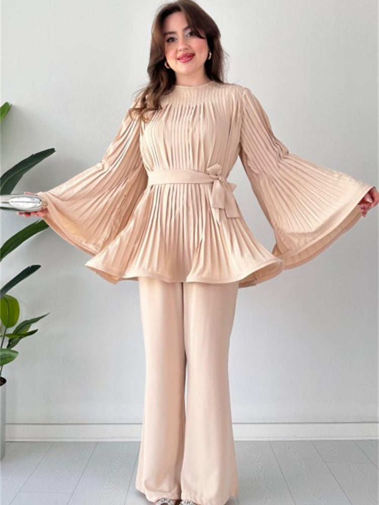 Pleated Flare Tops Pants Set