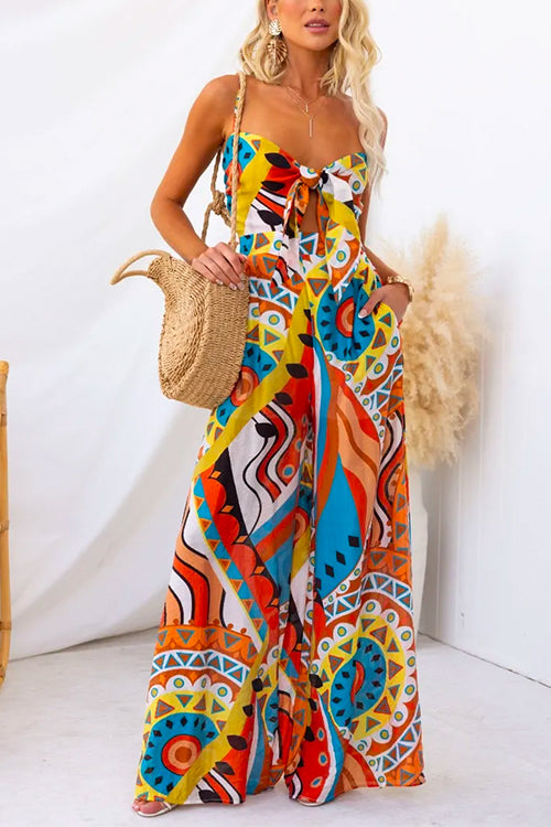 Spaghetti Strap Cut Out Wide Leg Printed Jumpsuit