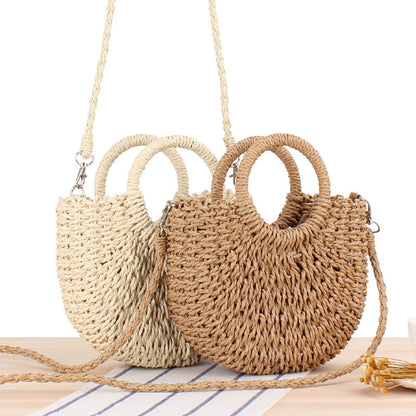 Borsa vintage con fibbia a moneta: corda di cotone intrecciata con manico rotondo in rattan e motivo a diamante cavo