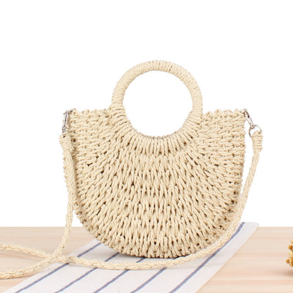 Borsa vintage con fibbia a moneta: corda di cotone intrecciata con manico rotondo in rattan e motivo a diamante cavo