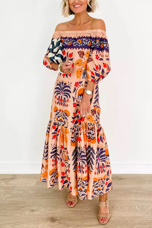 Rosiedress Off Shoulder Lantern Sleeves Printed Ruffle Maxi Dress