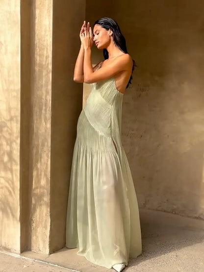 Ethereal Elegance Pleated Patchwork Slit Maxi Dress