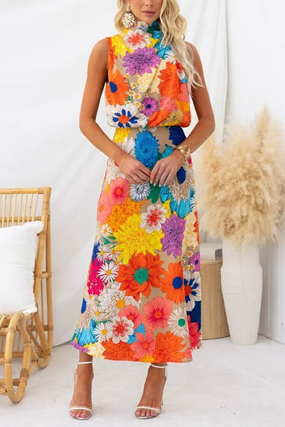 Rosiedress Sleeveless Tie Neck Waisted Floral Print Maxi Dress