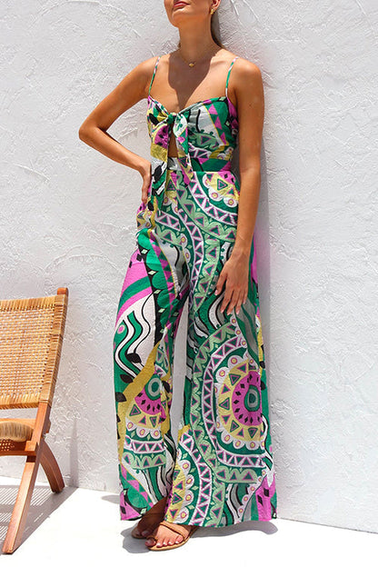 Spaghetti Strap Tie Knot Front Wide Leg Printed Jumpsuit