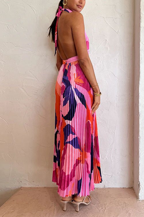 Rosiedress Halter Backless Cut Out Printed Maxi Pleated Dress