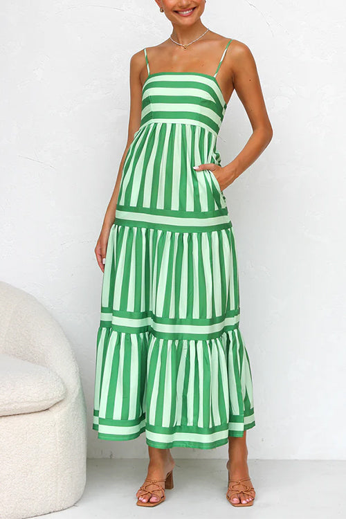 Rosiedress Spaghetti Strap Tiered Color Block Striped Maxi Dress