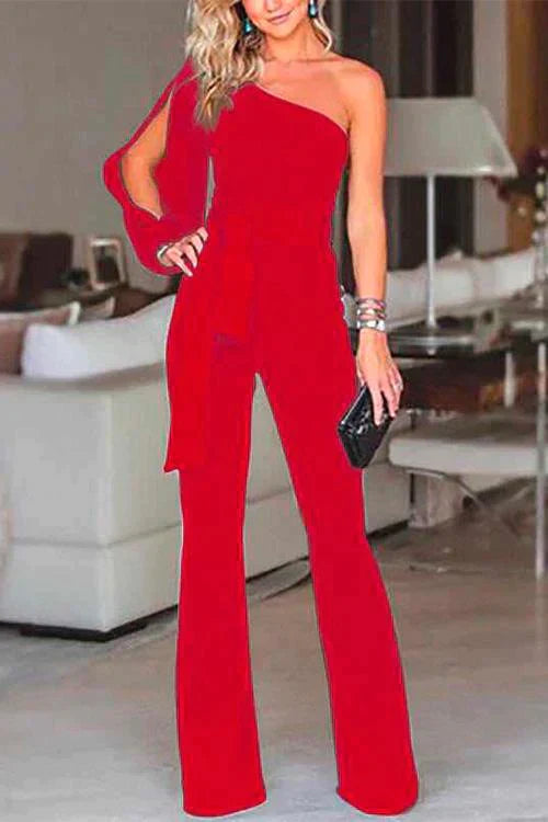 Rosiedress One Shoulder Slit Sleeve Tie Knot Jumpsuit