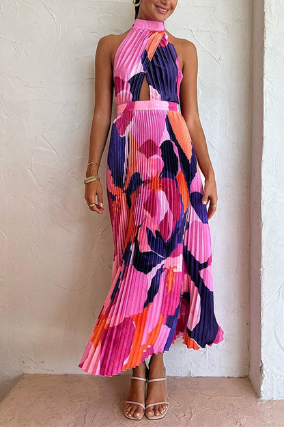 Rosiedress Halter Backless Cut Out Printed Maxi Pleated Dress