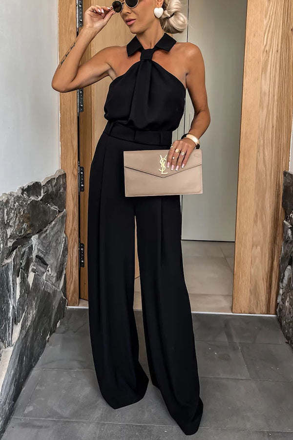 Fashionabla Unique Look Halter Shirt Krage Fickad Wide Leg Jumpsuit