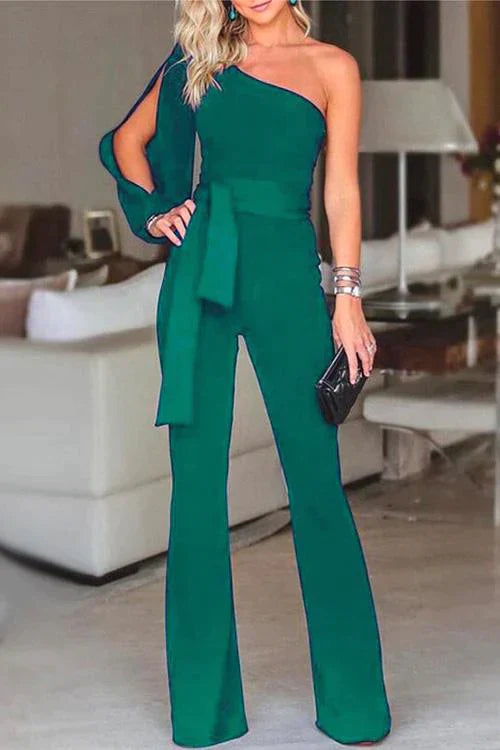 Rosiedress One Shoulder Slit Sleeve Tie Knot Jumpsuit