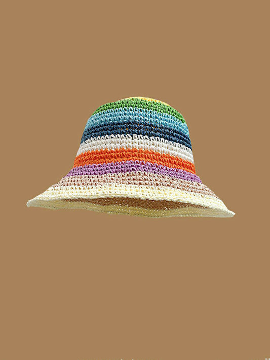 Handwoven Rainbow Fisherman Hat with Beige Trim