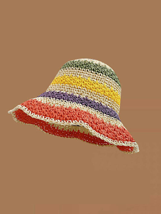 Sombrero para el sol informal a rayas de arcoíris beige tejido a mano