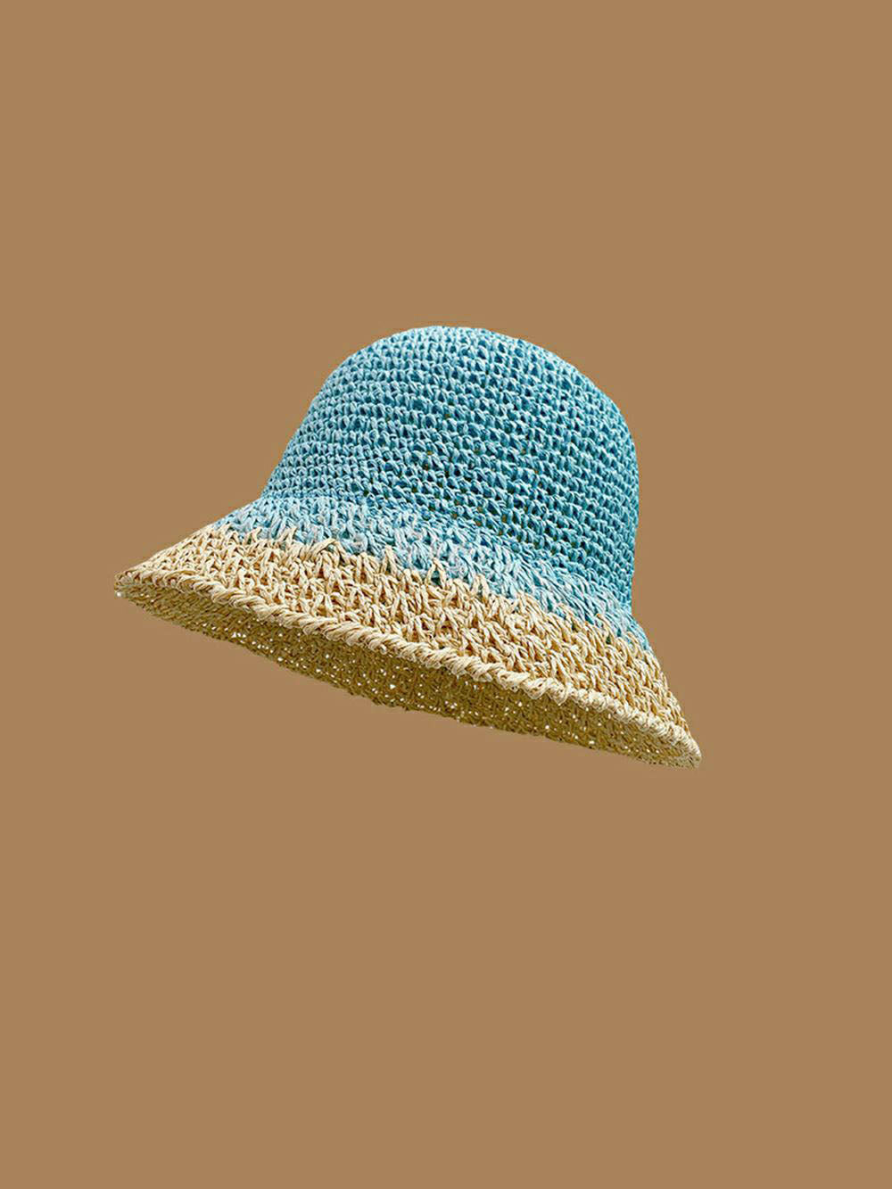 Cappello da sole in paglia blu intrecciata a mano con finiture beige