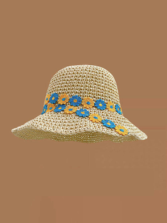 Sombrero para el sol informal con flor de pavo real beige tejido a mano