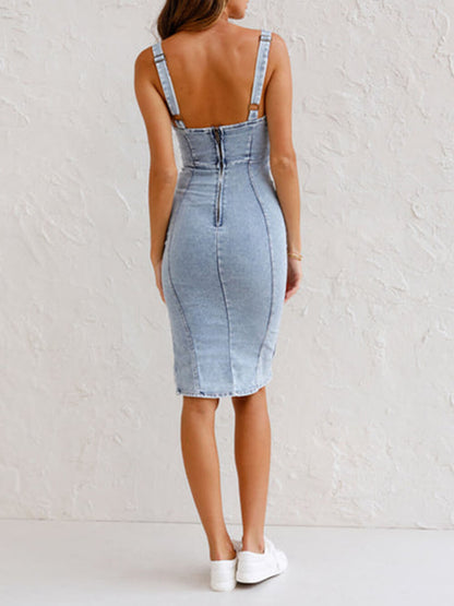 Nastavitelná ramínka U Neck Slit Denim Bodycon Cami šaty