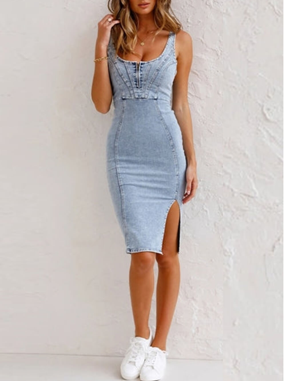 Reguliuojamų petnešėlių U kaklo iškirpta džinsinė Bodycon Cami suknelė