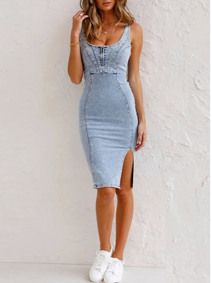 Justerbare stropper U-hals slids Denim Bodycon Cami-kjole