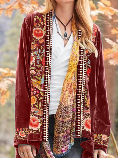 Boho gėlių aksominis kimono megztinis