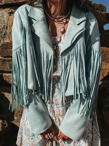 Baby Blue Fringe Leather Jacket