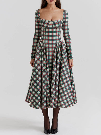 Raudona Tartan korsetinė midi suknelė