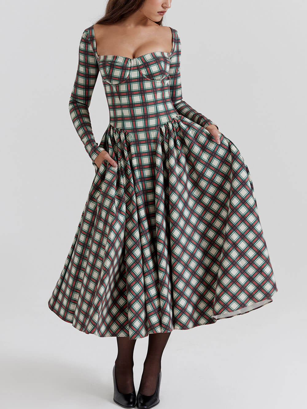 Raudona Tartan korsetinė midi suknelė