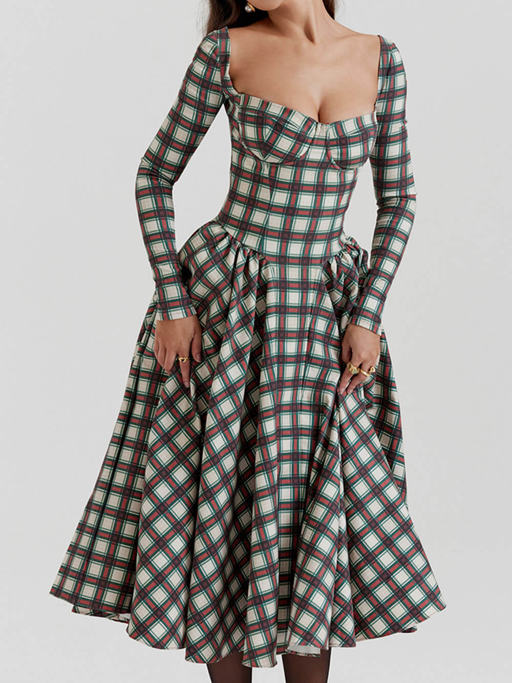 Robe mi-longue corset tartan rouge