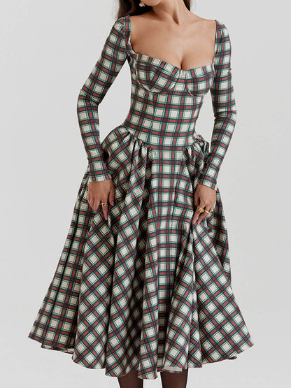 Raudona Tartan korsetinė midi suknelė