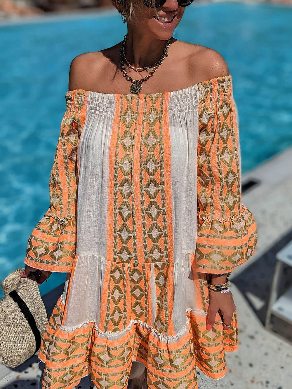 Fiesta - Ethnic Print Off Shoulder Loose Mini φόρεμα