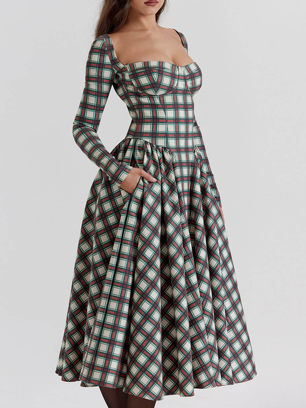 Raudona Tartan korsetinė midi suknelė