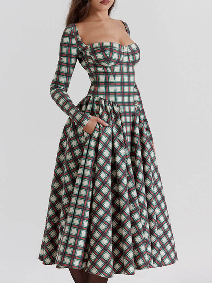 Rød Tartan Corset Midi-kjole