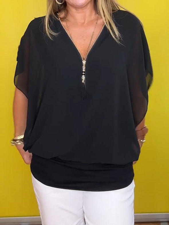 Top casual a maniche corte in chiffon con mezza zip