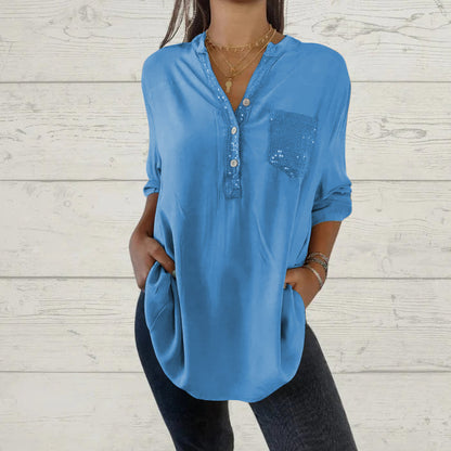 Camisa con cuello en V y patchwork de lentejuelas