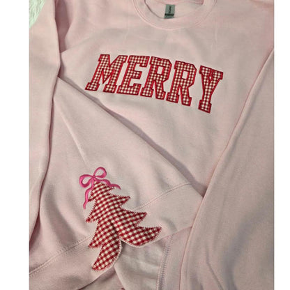 Merry Christmas Tree Plaid Side Bow Applique Sweatshirt