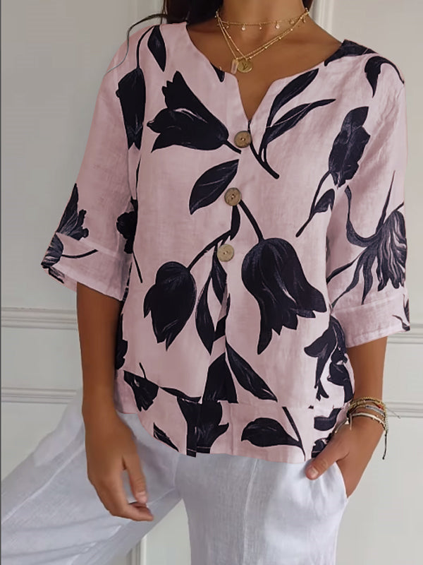 Women's Cotton and Linen Printed Casual Shirt